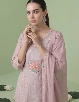 Women Floral Embroidered Regular Sequinned Pure Cotton Kurta with Trousers & With Dupatta 3