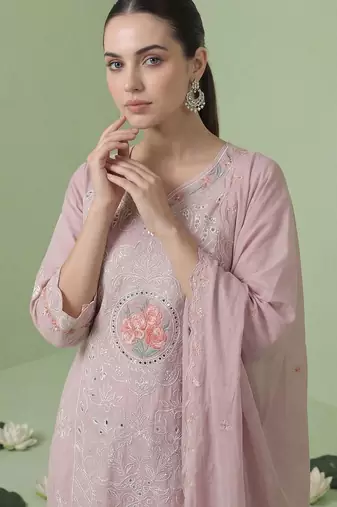 Women Floral Embroidered Regular Sequinned Pure Cotton Kurta with Trousers & With Dupatta