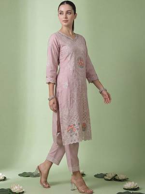 Women Floral Embroidered Regular Sequinned Pure Cotton Kurta with Trousers & With Dupatta 4