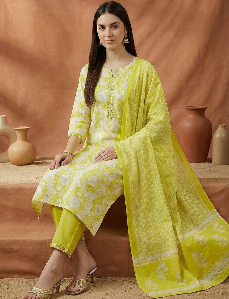 Women Floral Printed Regular Thread Work Pure Cotton Kurta with Trousers
