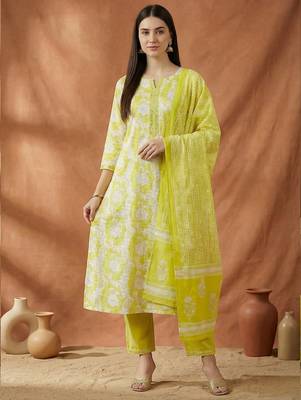 Women Floral Printed Regular Thread Work Pure Cotton Kurta with Trousers 4