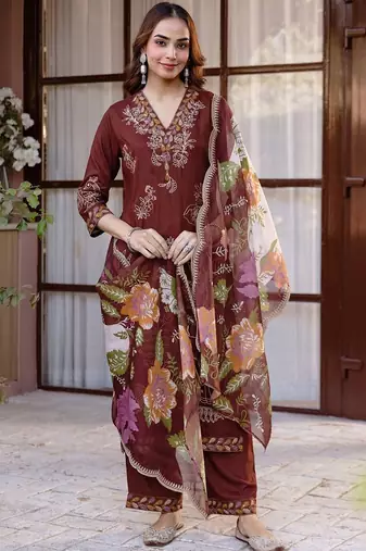 Women Ethnic Motifs Embroidered Regular Thread Work Kurta with Trousers & With Dupatta