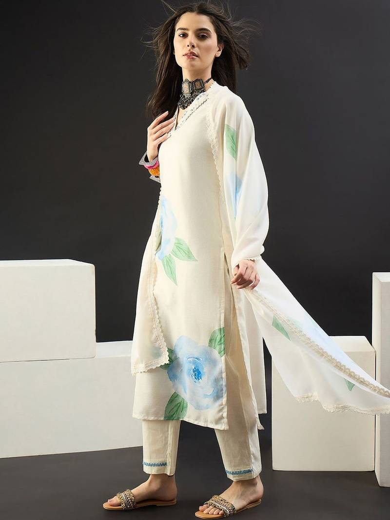 Women Floral Printed Regular Sequinned Linen Kurta with Trousers & With Dupatta