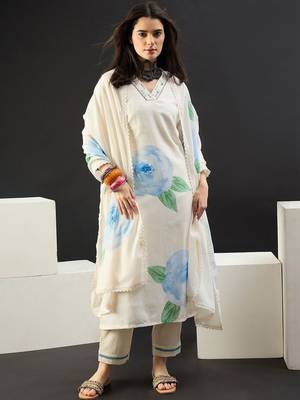 Women Floral Printed Regular Sequinned Linen Kurta with Trousers & With Dupatta 4