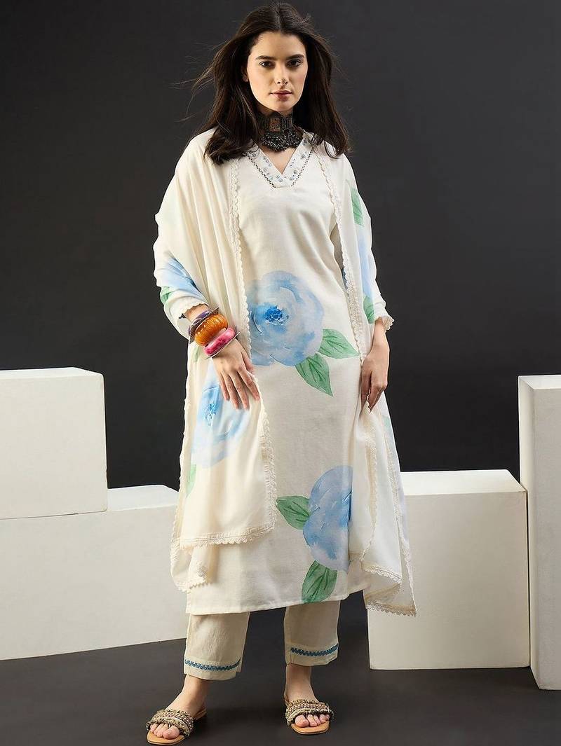 Women Floral Printed Regular Sequinned Linen Kurta with Trousers & With Dupatta