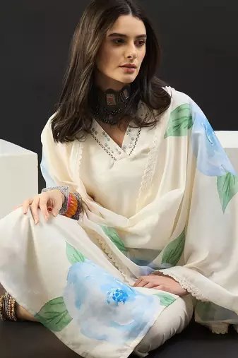 Women Floral Printed Regular Sequinned Linen Kurta with Trousers & With Dupatta