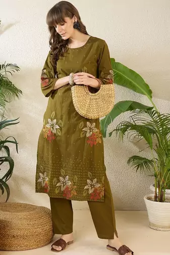Women Ethnic Motifs Printed Regular Sequinned Pure Cotton Kurta with Trousers