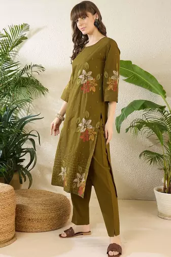 Women Ethnic Motifs Printed Regular Sequinned Pure Cotton Kurta with Trousers