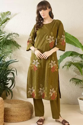 Women Ethnic Motifs Printed Regular Sequinned Pure Cotton Kurta with Trousers