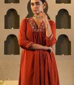 Floral Yoke Design V Neck Zari Chanderi Silk A-Line Kurta & Trousers