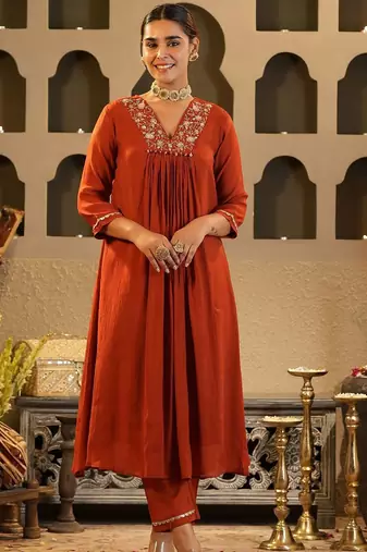 Floral Yoke Design V Neck Zari Chanderi Silk A-Line Kurta & Trousers