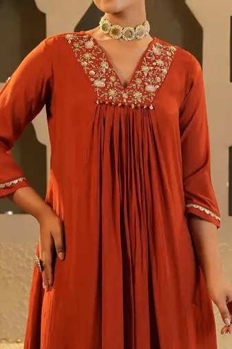 Floral Yoke Design V Neck Zari Chanderi Silk A-Line Kurta & Trousers