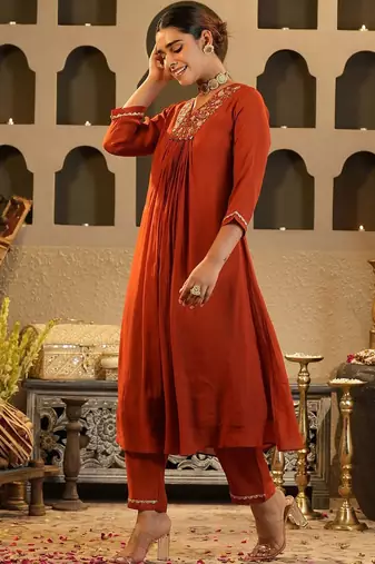 Floral Yoke Design V Neck Zari Chanderi Silk A-Line Kurta & Trousers