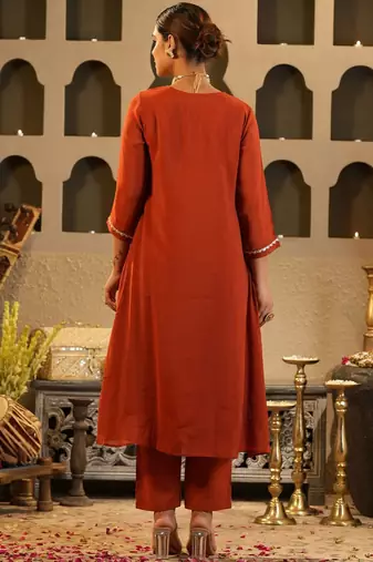 Floral Yoke Design V Neck Zari Chanderi Silk A-Line Kurta & Trousers
