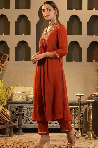 Floral Yoke Design V Neck Zari Chanderi Silk A-Line Kurta & Trousers