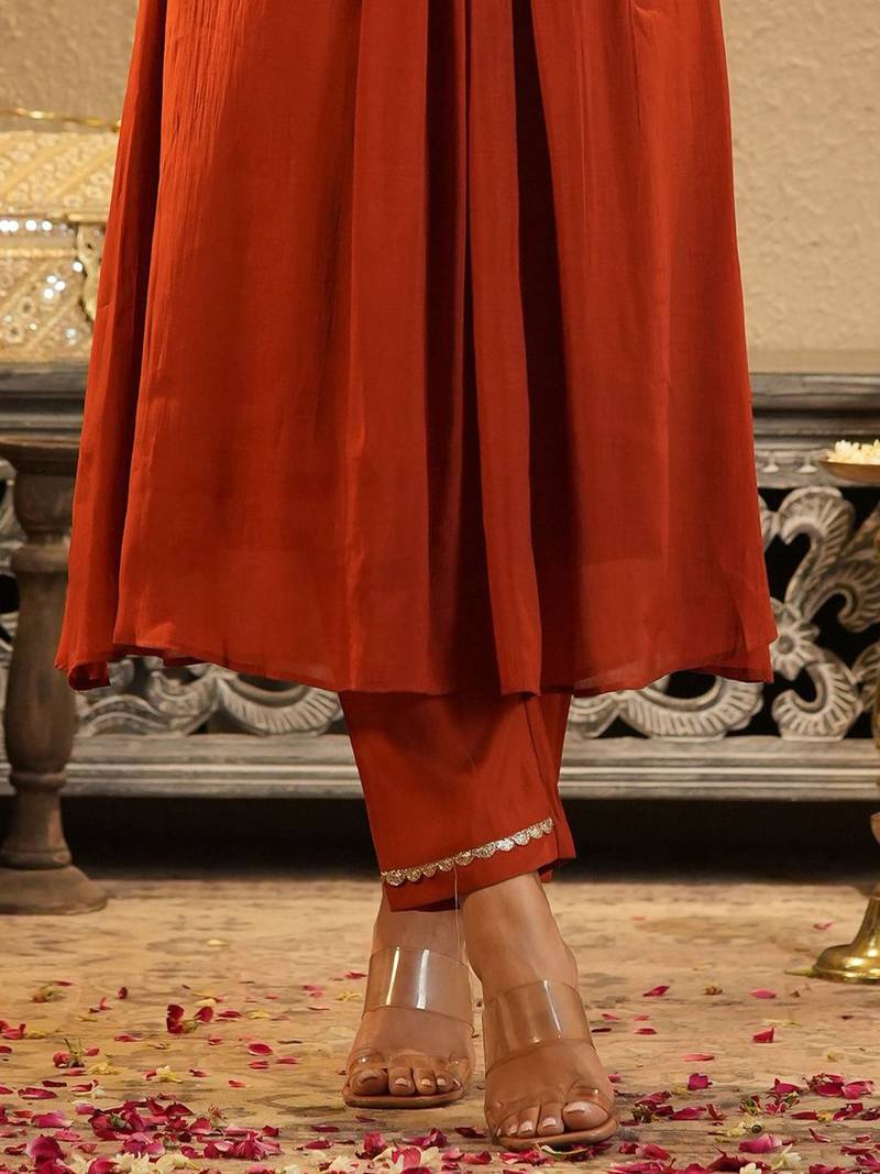 Floral Yoke Design V Neck Zari Chanderi Silk A-Line Kurta & Trousers