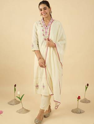 Women Floral Embroidered Pure Cotton Kurta with Trousers & With Dupatta 1