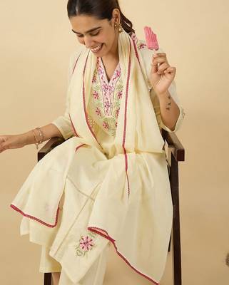 Women Floral Embroidered Pure Cotton Kurta with Trousers & With Dupatta 5