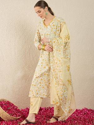 Women Floral Printed Regular Pure Cotton Kurta with Trousers & With Dupatta 6