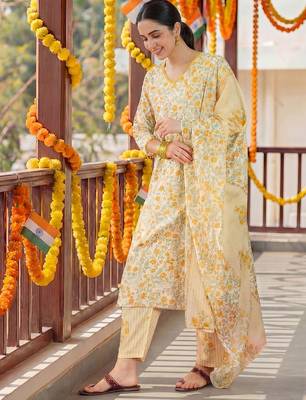 Floral Printed Pure Cotton Straight Kurta With Trousers & Dupatta 1