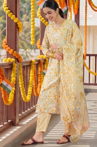 Floral Printed  Cotton Straight Kurta With Trousers & Dupatta