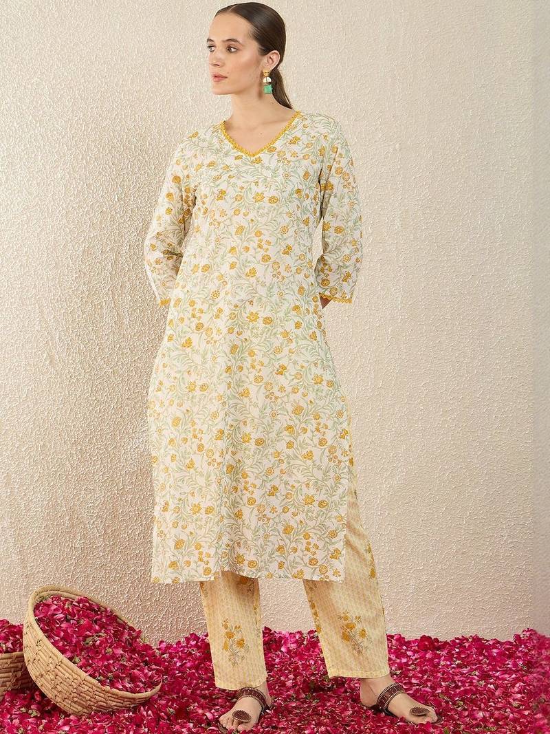 Floral Printed Pure Cotton Straight Kurta With Trousers & Dupatta