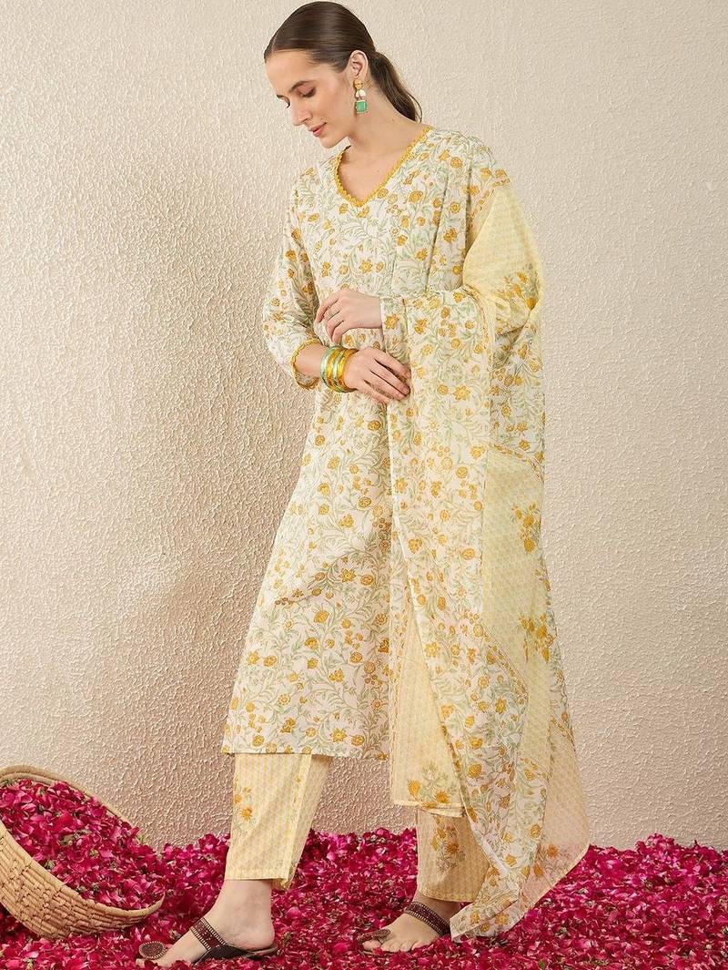 Floral Printed Pure Cotton Straight Kurta With Trousers & Dupatta