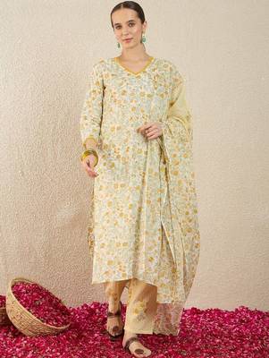 Floral Printed Pure Cotton Straight Kurta With Trousers & Dupatta 5
