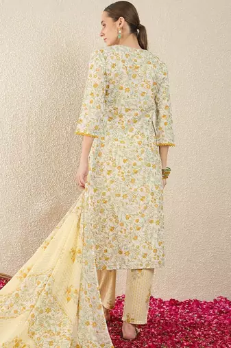 Floral Printed Pure Cotton Straight Kurta With Trousers & Dupatta