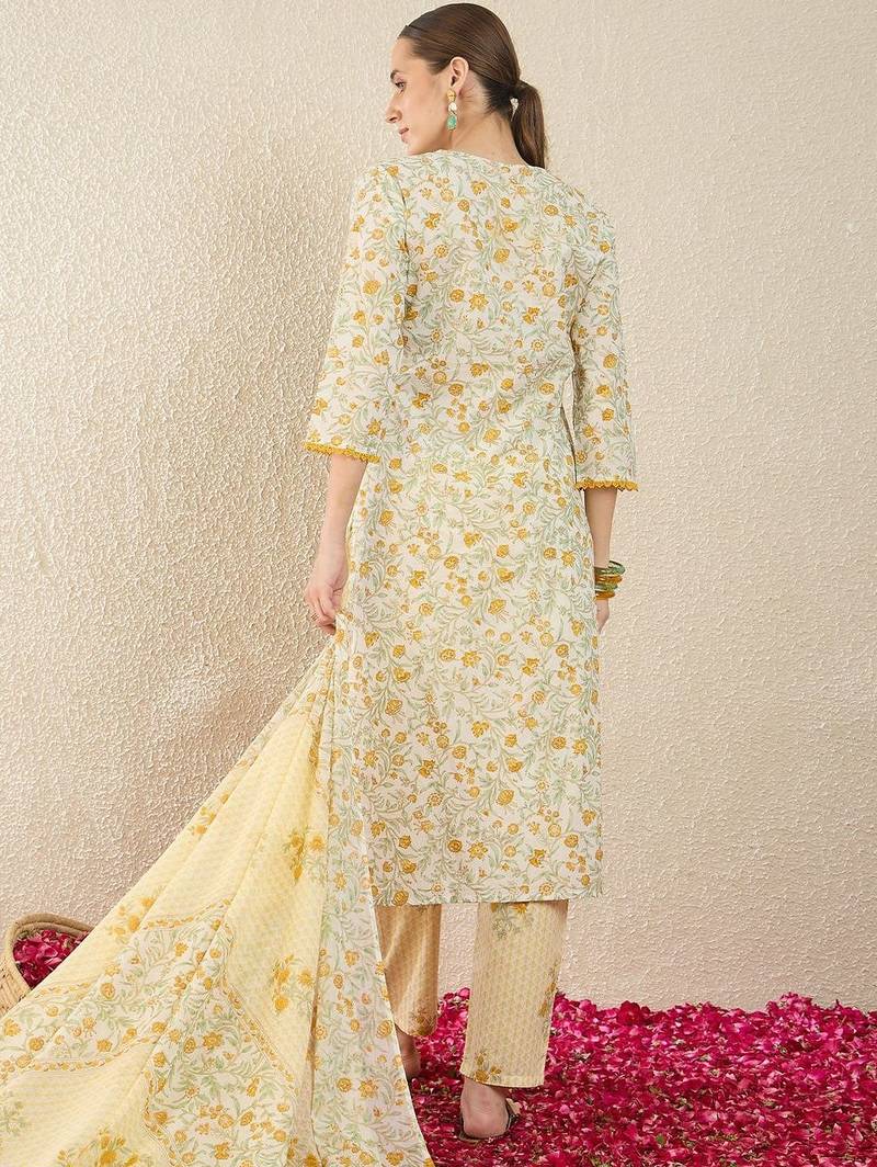 Floral Printed Pure Cotton Straight Kurta With Trousers & Dupatta