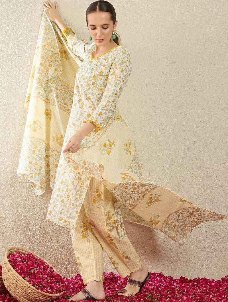 Floral Printed Pure Cotton Straight Kurta With Trousers & Dupatta