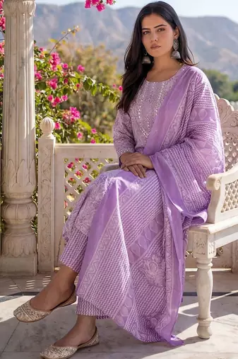 Women Floral Printed Regular Mirror Work Kurta with Trousers & With Dupatta