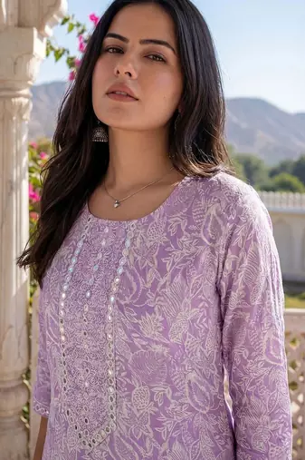 Women Floral Printed Regular Mirror Work Kurta with Trousers & With Dupatta