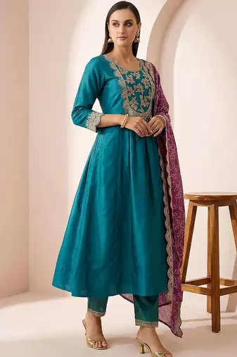 Women Ethnic Motifs Embroidered Panelled Thread Work Kurta with Trousers & With Dupatta