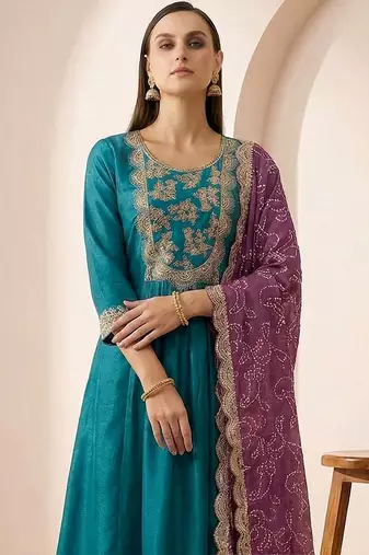 Women Ethnic Motifs Embroidered Panelled Thread Work Kurta with Trousers & With Dupatta