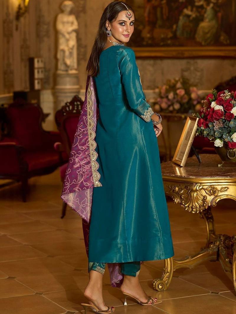 Women Ethnic Motifs Embroidered Panelled Thread Work Kurta with Trousers & With Dupatta