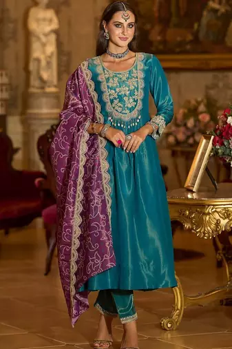 Women Ethnic Motifs Embroidered Panelled Thread Work Kurta with Trousers & With Dupatta