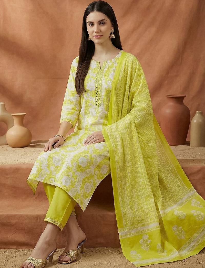 Women Floral Printed Regular Thread Work Pure Cotton Kurta with Trousers