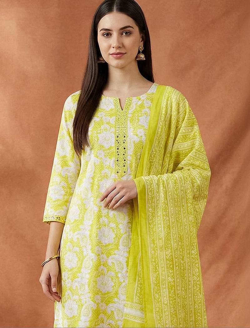 Women Floral Printed Regular Thread Work Pure Cotton Kurta with Trousers