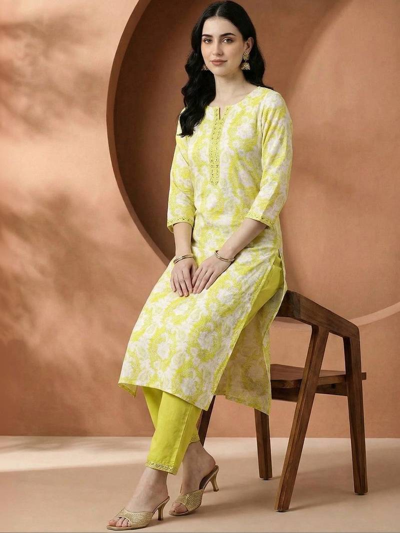 Women Floral Printed Regular Thread Work Pure Cotton Kurta with Trousers