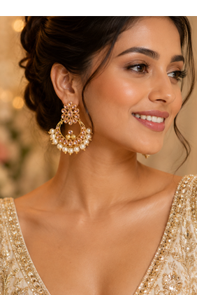 Floral Polki Stone Pearl Chandbali 1