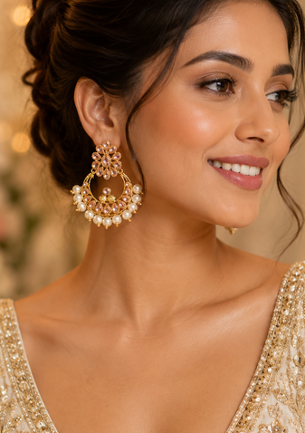 floral polki stone pearl chandbali
