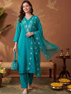 Women Ethnic Motifs Embroidered Regular Thread Work Kurta with Trousers & With Dupatta 1