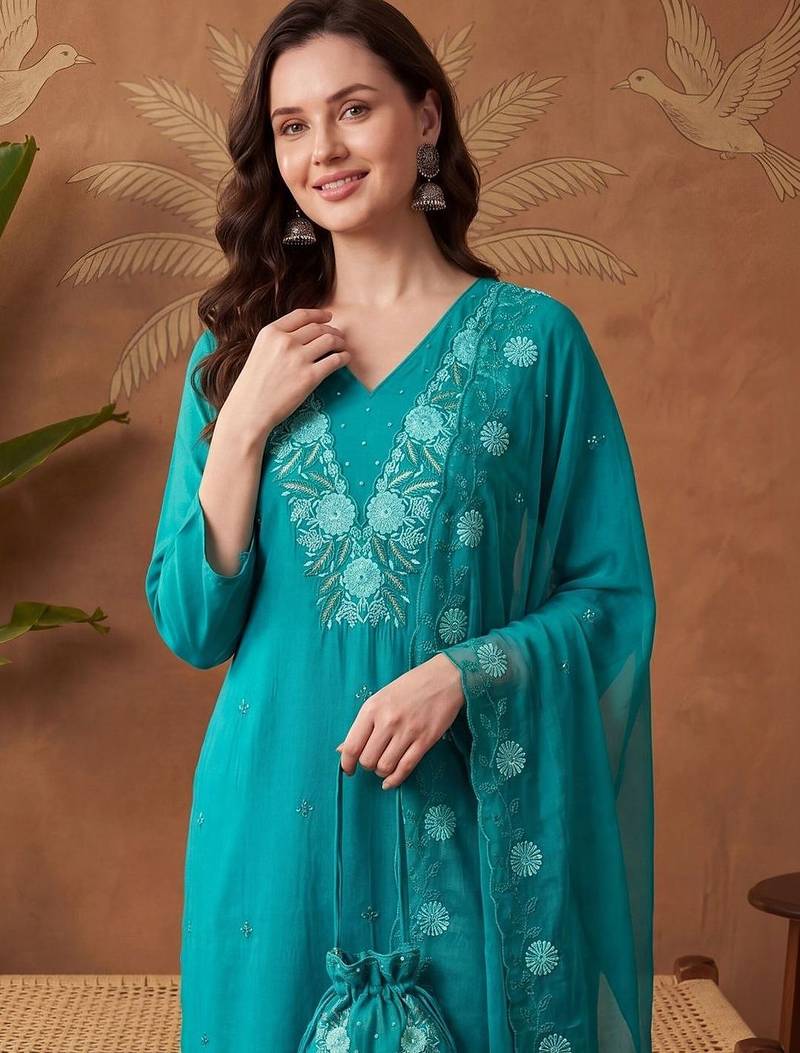 Women Ethnic Motifs Embroidered Regular Thread Work Kurta with Trousers & With Dupatta