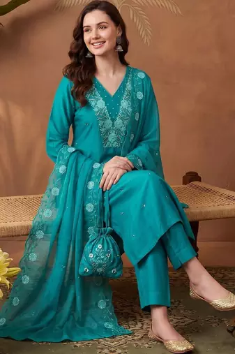 Women Ethnic Motifs Embroidered Regular Thread Work Kurta with Trousers & With Dupatta