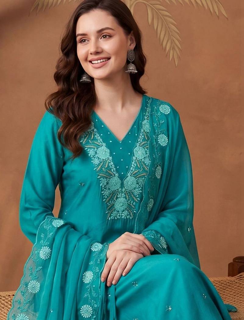 Women Ethnic Motifs Embroidered Regular Thread Work Kurta with Trousers & With Dupatta