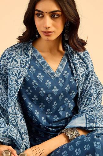 Floral Printed  Cotton Kurta With Palazzos & Dupatta