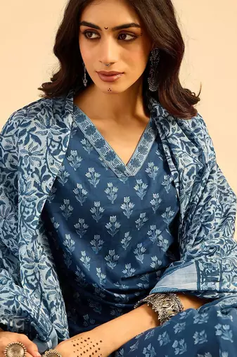 Floral Printed Pure Cotton Kurta With Palazzos & Dupatta
