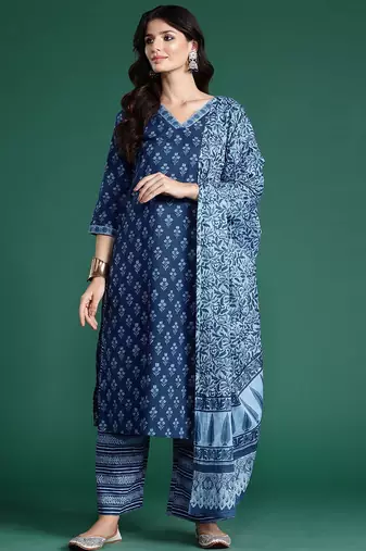 Floral Printed Pure Cotton Kurta With Palazzos & Dupatta