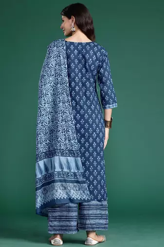 Floral Printed Pure Cotton Kurta With Palazzos & Dupatta